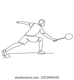 Continuous line drawing of badminton player playing. Badminton player sketch. Sportsman collection. Badminton player playing with a racket on a white background