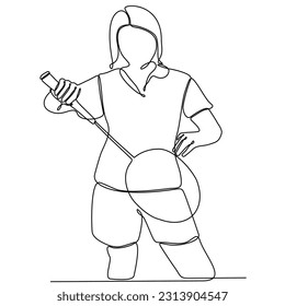 Continuous line drawing of badminton player playing. Badminton player sketch. Sportsman collection. Badminton player playing with a racket on a white background