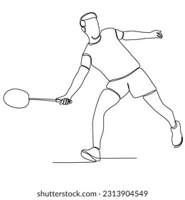 Continuous line drawing of badminton player playing. Badminton player sketch. Sportsman collection. Badminton player playing with a racket on a white background