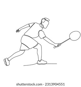 Continuous line drawing of badminton player playing. Badminton player sketch. Sportsman collection. Badminton player playing with a racket on a white background