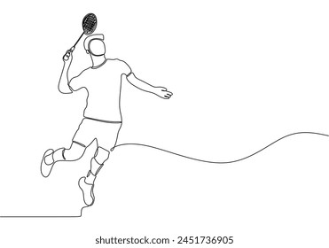 continuous line drawing of badminton player jump and smash the ball.