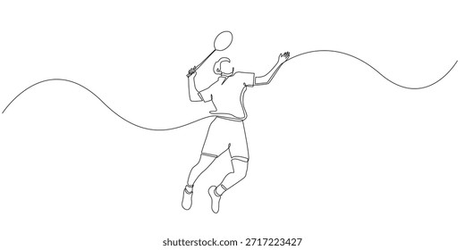 Dibujo de línea continuo de un jugador de bádminton saltando y golpeando un volante, simbolizando agilidad, fuerza y acción deportiva competitiva. Ilustración de una sola línea adecuada para fitness, entrenamiento y temas deportivos.