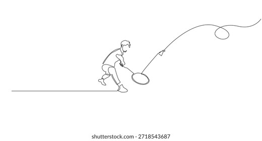 Desenho de linha contínuo de um jogador de badminton pulando e batendo em um shuttlecock, capturando movimento, agilidade e energia em um estilo de linha única minimalista.