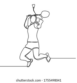 Continuous line drawing of badminton players who are playing. Badminton players sketch. Collection of sportsmen. Badminton player is playing with a racket on a white background