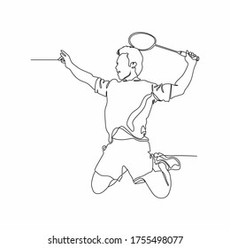 Continuous line drawing of badminton players who are playing. Badminton players sketch. Collection of sportsmen. Badminton player is playing with a racket on a white background