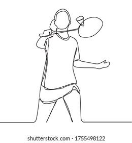 Continuous line drawing of badminton players who are playing. Badminton players sketch. Collection of sportsmen. Badminton player is playing with a racket on a white background