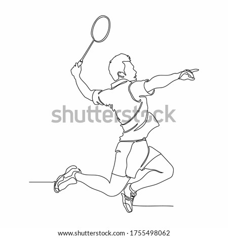 Continuous line drawing of badminton players who are playing. Badminton players sketch. Collection of sportsmen. Badminton player is playing with a racket on a white background