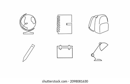 Continuous line drawing of bag, book, pencil, globe, calender and lamp, back to school icon set, object one line, single line art, vector illustration