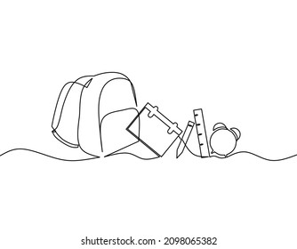 Continuous line drawing of bag, calender, pencil, ruler and alarm, back to school icon set, object one line, single line art, vector illustration