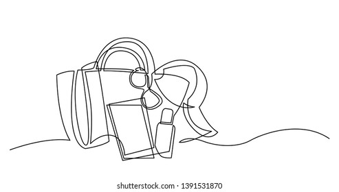 continuous line drawing of bag with sunscreen lotion towel hat and ticket on sand beach