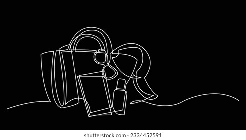 continuous line drawing of bag with sunscreen lotion towel hat and ticket on sand beach