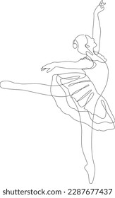 Continuous line drawing of Ballerina doing arabesque. Ballet dancer black line sketch on white background. Vector illustration.