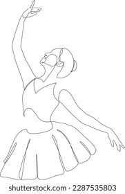 Continuous line drawing of Ballerina in motion. Ballet dancer black line sketch on white background. Vector illustration.