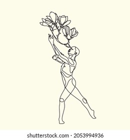 Kontinuierliche Linienzeichnung des Balletttänzers mit Magnolienblume. Beauty sexy Dancer Logo. Minimalistische Kunstdrucke. Trendy One Line Ziehungsdesign Vektor. Kreatives Konzept der Tänzerin. Logo von Ballet Studio