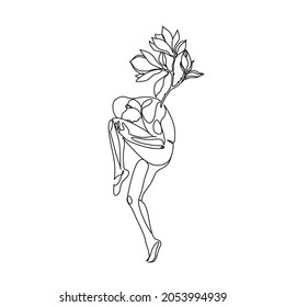 Continuous line drawing of ballet dancer with magnolia flower. Beauty sexy dancer logo. Minimalist art prints. Trendy one line draw design vector. Creative concept of dancer. Ballet Studio Logo