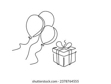 Continuous line drawing of Ballons and gift boxes. Vector illustration isolated on white background. Minimalist design handdrawn.