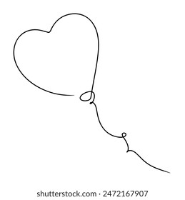 continuous line drawing of balloon heart shape isolated on transparent background. Vector illustration