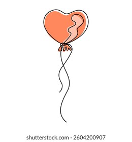 Continuous line drawing. Balloon. Heart shape. Valentine's day. Template for love cards and invitations. Isolated on white background. Hand drawn color vector illustration. 