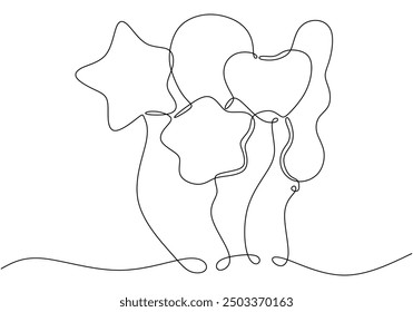 Continuous line drawing of children’s balloons for a celebration. Simple linear design for kids’ holiday decoration.