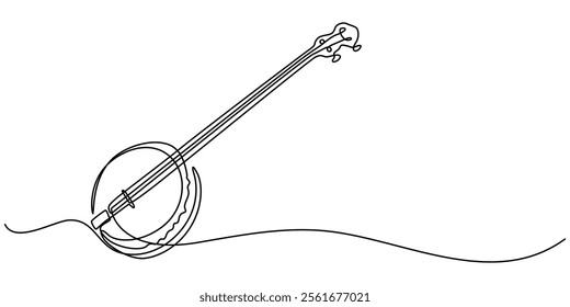 continuous line drawing banjo music instrument vector illustration minimalist design, American banjo, string guitar one line continuous drawing. Musical instruments continuous one line illustration.