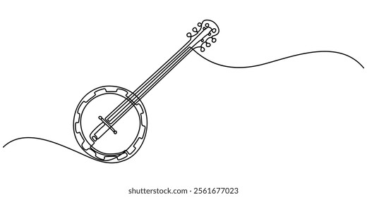 continuous line drawing banjo music instrument vector illustration minimalist design, American banjo, string guitar one line continuous drawing. Musical instruments continuous one line illustration.