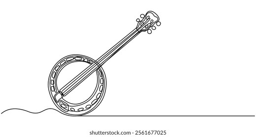 continuous line drawing banjo music instrument vector illustration minimalist design, American banjo, string guitar one line continuous drawing. Musical instruments continuous one line illustration.