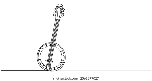 continuous line drawing banjo music instrument vector illustration minimalist design, American banjo, string guitar one line continuous drawing. Musical instruments continuous one line illustration.