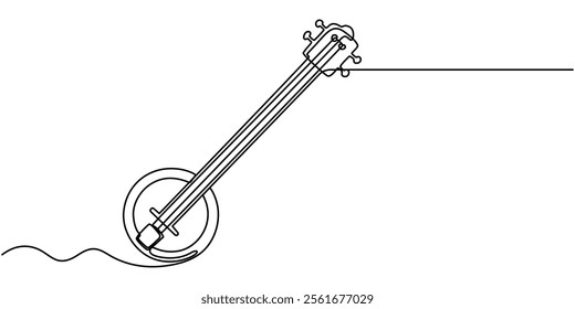 continuous line drawing banjo music instrument vector illustration minimalist design, American banjo, string guitar one line continuous drawing. Musical instruments continuous one line illustration.