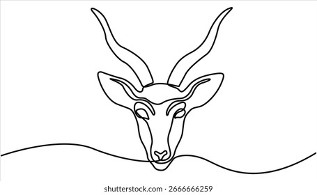 Banner de desenho de linha contínua com traço editável com cabeça de antílope. corno de veado desenho contínuo de uma linha. Uma única linha mínima contínua desenhando renas.