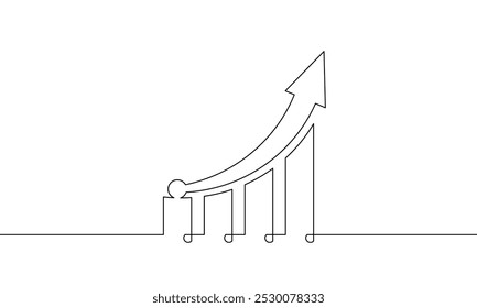 Continuous line drawing of bar chart. Single line art of graph sign symbol. Illustration vector of increasing arrow up. Object one line of business growth icon
