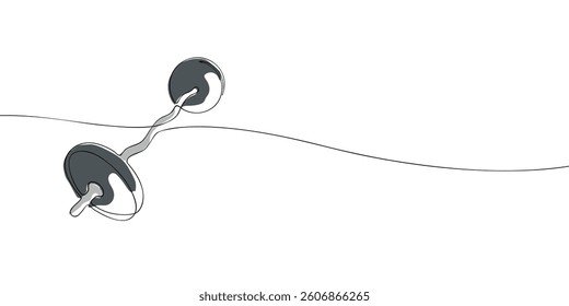 A continuous line drawing of a barbell with weights, designed in a minimalist style, symbolizing strength training, fitness, and gym workouts.  
