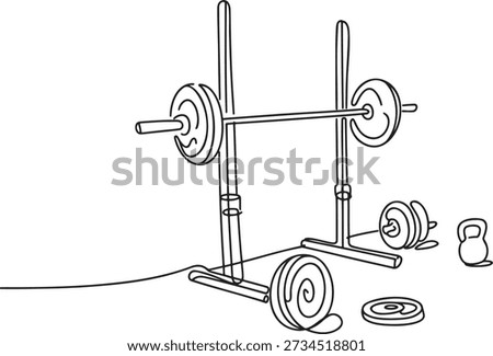 Continuous line drawing of barbell weights rack workout equipment symbolizing fitness strength bodybuilding weightlifting gym exercise sport lifestyle minimalist one line design simple sketch isolated vector illustration on transparent background