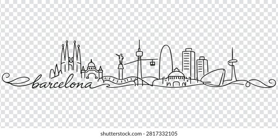 A continuous line drawing of the Barcelona city skyline featuring iconic landmarks like the Sagrada Familia, Agbar Tower, and Columbus Monument.