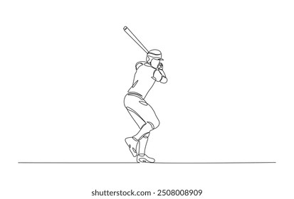 Continuous line drawing of baseball player hitting the ball. Baseball player in action simple outline illustration. 