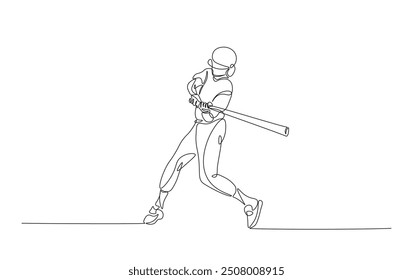 Continuous line drawing of baseball player hitting the ball. Baseball player in action simple outline illustration. 