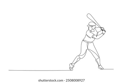 Continuous line drawing of baseball player hitting the ball. Baseball player in action simple outline illustration. 