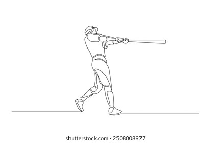 Continuous line drawing of baseball player hitting the ball. Baseball player in action simple outline illustration. 