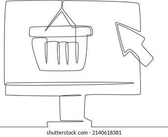 Dibujo continuo de línea del concepto de compra en línea de cesta con tienda de la web de la computadora pc. Ilustración vectorial.