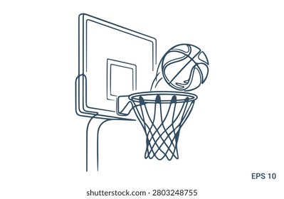 Continuous line drawing of basketball flying into net hoop on white background