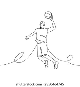 Continuous line drawing of a basketball player jumping with the ball in his hand. Vector linear illustration, contour