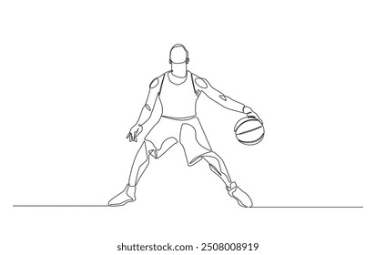 Continuous line drawing of basketball player in action. Basketball player in simple outline illustration. 