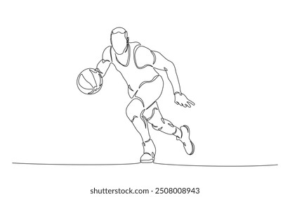 Continuous line drawing of basketball player in action. Basketball player in simple outline illustration. 