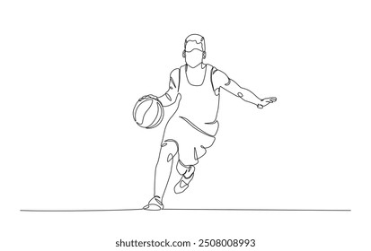 Continuous line drawing of basketball player in action. Basketball player in simple outline illustration. 