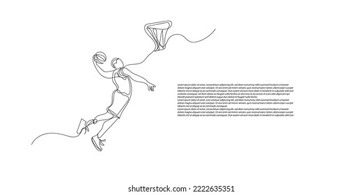 continuous line drawing of basketball sport. one line drawing of basketball players jumping putting the ball in the basket