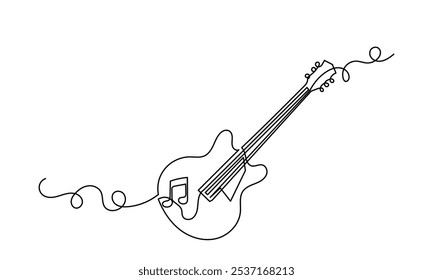 Desenho de linha contínua de baixo clássico violão acústico.Single-line elétrico instrumento musical conceito de logotipo, ícone de guitarra, e rock. Guitarra de ilustração vetorial isolada no fundo branco.