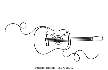 Desenho de linha contínua de baixo clássico violão acústico.Single-line elétrico instrumento musical conceito de logotipo, ícone de guitarra, e rock. Guitarra de ilustração vetorial isolada no fundo branco.