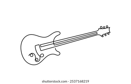 Desenho de linha contínua de baixo clássico violão acústico.Single-line elétrico instrumento musical conceito de logotipo, ícone de guitarra, e rock. Guitarra de ilustração vetorial isolada no fundo branco.