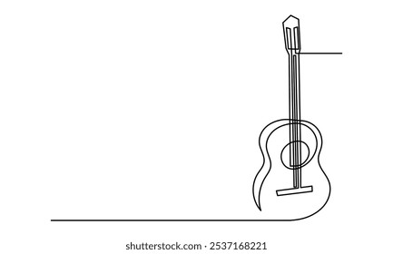 Desenho de linha contínua de baixo clássico violão acústico.Single-line elétrico instrumento musical conceito de logotipo, ícone de guitarra, e rock. Guitarra de ilustração vetorial isolada no fundo branco.