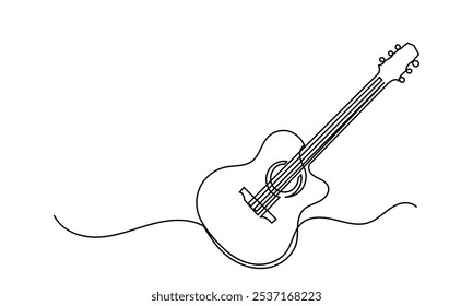 Kontinuierliche Linienzeichnung der klassischen Bass-Akustikgitarre.Single-line Elektro Musikinstrumentenkonzept von Logo, Gitarrensymbol und Rock. Vektorgrafik-Gitarre. einzeln auf weißem Hintergrund.