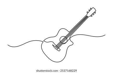 Desenho de linha contínua de baixo clássico violão acústico.Single-line elétrico instrumento musical conceito de logotipo, ícone de guitarra, e rock. Guitarra de ilustração vetorial isolada no fundo branco.